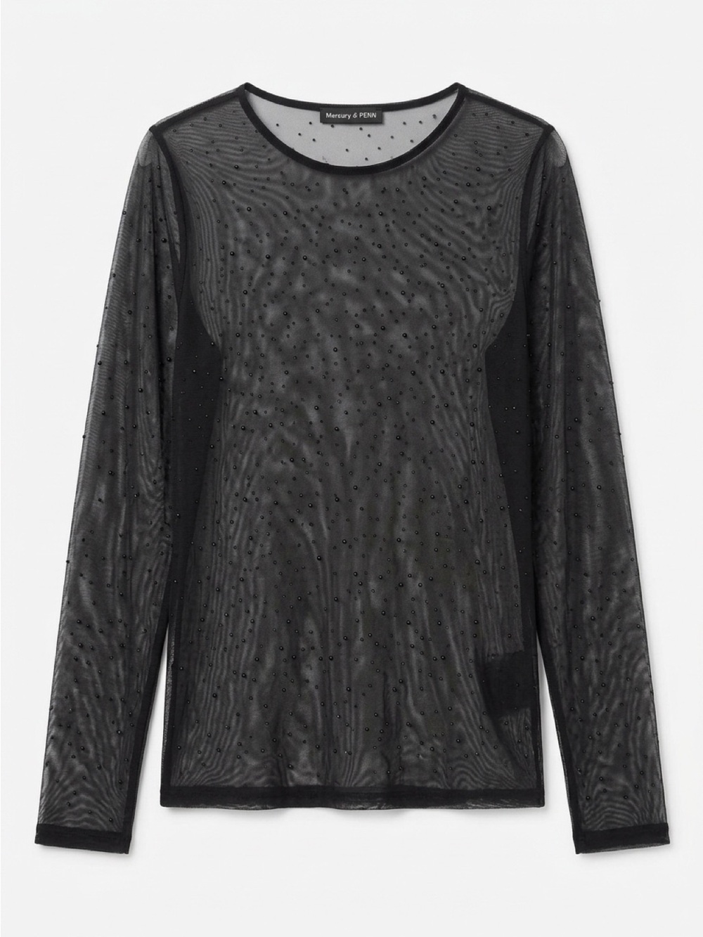 Black Sheer Long-Sleeve Mesh Top with rhinestones over